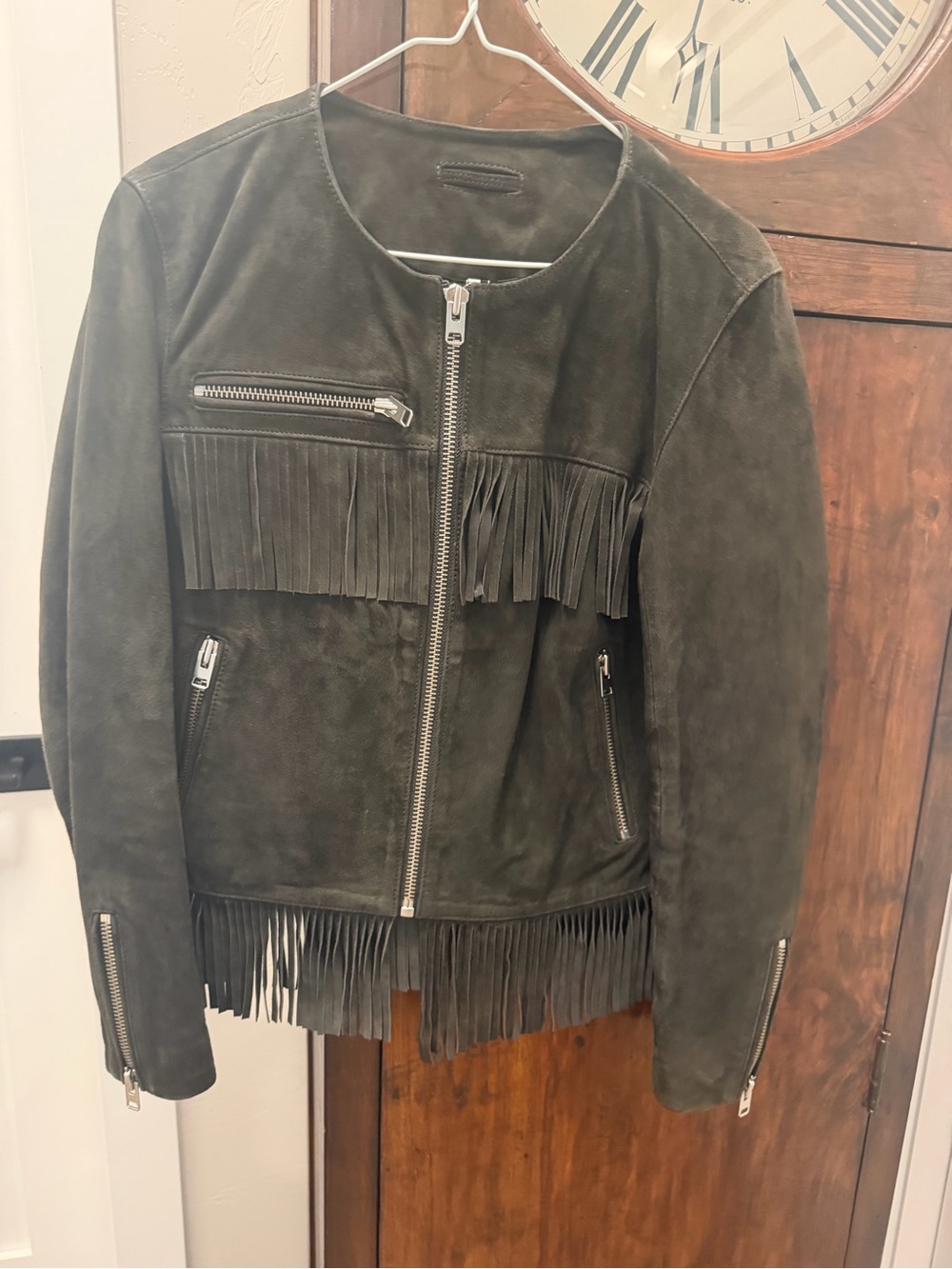 Topshop Olive Green Suede Fringe Moto Jacket